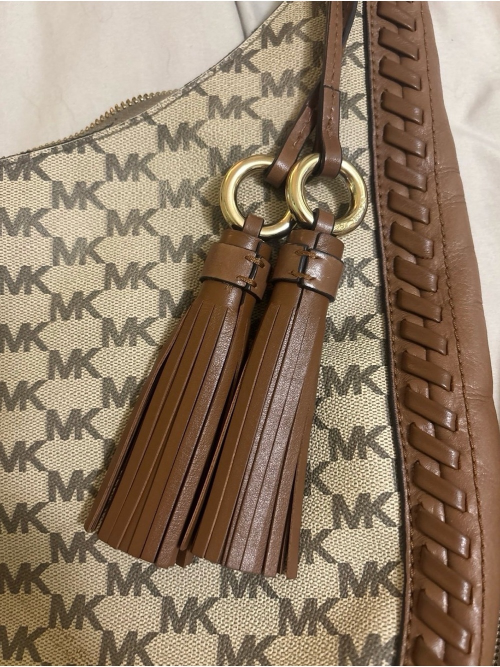 Michael Kors Beige and Brown MK Signature Shoulder Bag with Tassel & wallet - Picture 11 of 11